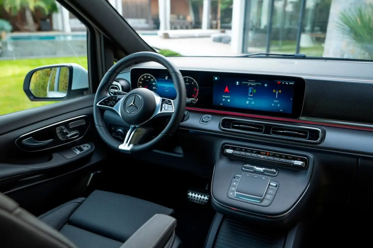 Mercedes Benz V300 8 seats 2025, dashboard — Luxury Car France, France. Mercedes Benz V300 8 seats in France The Mercedes Benz V300 8 seats is available for hire…